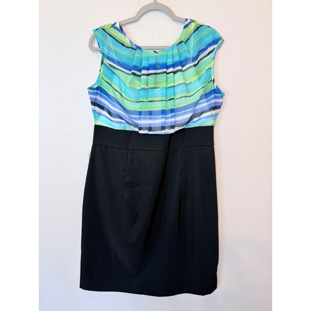 AB Studio Womens Size 16 Sleeveless Sheath Dress Blue Green Stripe Mixed Media